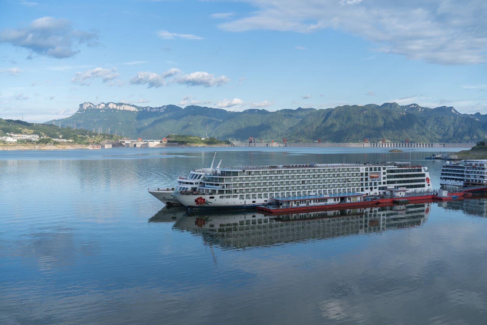 Large river cruise ships on the Yangtze near the Three Gorges Dam, among the biggest river cruise ships in the world